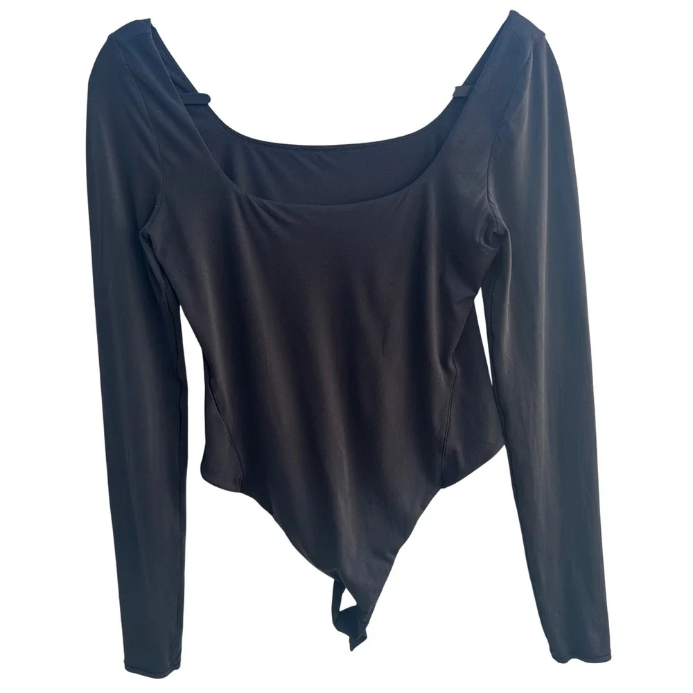 Lululemon Black Long Sleeve Square Neck Bodysuit Snap Closure Women Medium